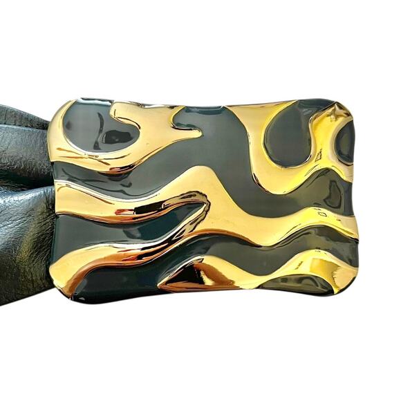 St John Vintage Gray Leather Gold-Tone Abstract Buckle Statement Cinch Belt - Picture 4 of 6